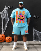 Big & Tall Men's Vertical Strip Colorful Stars Pumpkin Halloween Printed Crewneck Short Sleeve T-Shirt Shorts Set