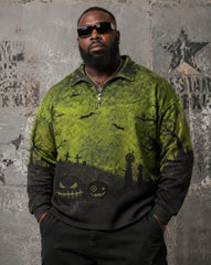 Big & Tall Men's Halloween Pumpkin Bat Cemetery Print POLO Collar Zipper Long Sleeve