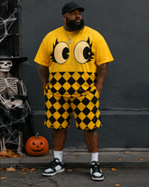 Big & Tall Men's Retro Distressed Big Eyes Yellow And Black Diamond Check Printed Crew Neck Short Sleeve T-shirt Shorts Set
