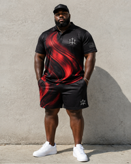 Big & Tall Men's Black And Red Gradient Fluid Pattern Cross Printed POLO Short Sleeve Shorts Set