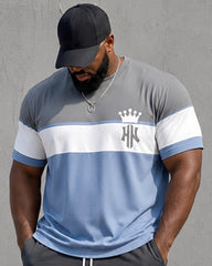 Big & Tall Men's Gray And Blue Stitching Crown Print Round Neck Short Sleeve T-shirt Shorts Set