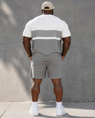 Big & Tall Men's Gray And White Horizontal Stripes Contrast Printed Crew Neck Short Sleeve T-shirt Shorts Set