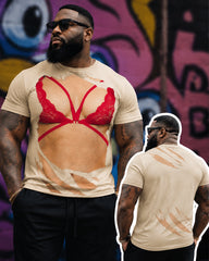 Big & Tall Men's Red Lace Underwear Tear 3D Fun Printed Round Neck Short Sleeve T-Shirt