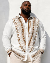 Big & Tall Men's Brown African Ethnic Geometric Print Long Sleeve Shirt