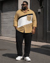 Big & Tall Men's Khakis White And Black Stitching Pocket Long Sleeve Shirt Trousers Set