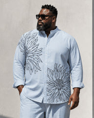 Big & Tall Men's Line Drawing Floral Print Stand Collar Long Sleeve Shirt Trousers Set