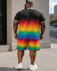 Big & Tall Men's Black Base Gradient Rainbow Love Wins Glitter Printed Round Neck Short Sleeve T-Shirt Shorts Set