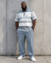 Big & Tall Men's Light Blue Gradient Horizontal Stripe Printed Polo Short Sleeve Trousers Set