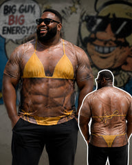 Big & Tall Men's Yellow Lace-up Bikini Full-body Muscle Fun Printed Round Neck Short-sleeve T-shirt