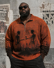Big & Tall Men's Retro Skull Messenger Print Polo-Neck Zip-Up Long-Sleeve