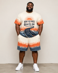 Big & Tall Men's Highway 66 Sunset Highway Gradient Printed Crewneck Short Sleeve T-Shirt Shorts Set