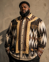 Big & Tall Men's Brown And Yellow African Tribal Geometric Print Long Sleeve Shirt
