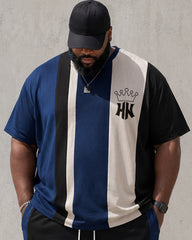 Big & Tall Men's Blue And White Vertical Stripe Crown Printed Round Neck Short Sleeve T-Shirt Shorts Set