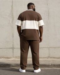 Big & Tall Men's Brown And White Contrast Striped Printed T-Shirt Pants Set