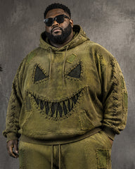 Big & Tall Men's Distressed Patch Demon Smiley Print Hoodie Set