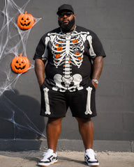 Big & Tall Men's Skeleton Chest Pumpkin Raccoon Print Round Neck Short Sleeve T-Shirt Shorts Set