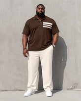 Big & Tall Men's Brown Side Stripe Print Polo Short Sleeve Pants Set
