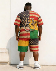 Big & Tall Men's 1776 Broken Handcuffs Reggae Color Matching US Flag Printed Crewneck Short Sleeve T-Shirt Shorts Set