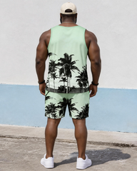 Big & Tall Men's Light Green Gradient Black Coconut Tree Print Vest Shorts Set
