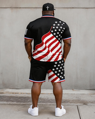 Big & Tall Men's American Flag Cross Print POLO Short Sleeve Shorts Set