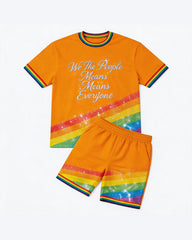 Big & Tall Men's Orange Rainbow We The People Slogan Print Round Neck Short Sleeve T-Shirt Shorts Set