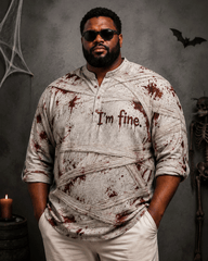 Big & Tall Men's Halloween Mummy Bloodstain I'm Fine Printed Stand-collar Long-sleeved Shirt