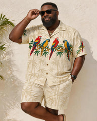 Big & Tall Men's Retro Parrot And Bamboo Print Short-Sleeve Shirt And Shorts Set