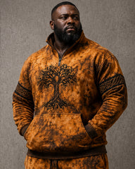 Big & Tall Men's Brown And Yellow Tie-Dye Tree Of Life Printed Half-Zip Sweat Set