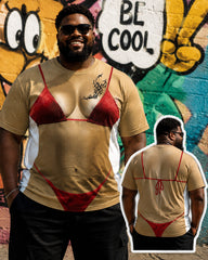 Big & Tall Men's Red Strap Bikini Tattoo 3D Fun Printed Round Neck Short Sleeve T-Shirt
