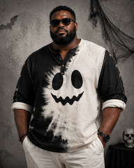 Big & Tall Men's Black And White Spotted Ghost Smiley Printed Collar Long Sleeve Shirt