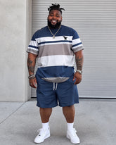 Big & Tall Men's Color Contrast Striped Flying Eagle Printed Crewneck Short Sleeve T-Shirt Shorts Set