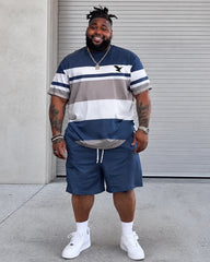 Big & Tall Men's Color Contrast Striped Flying Eagle Printed Crewneck Short Sleeve T-Shirt Shorts Set