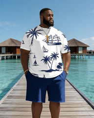 Big & Tall Men's Hawaiian Coconut Tree Cruise Ship Print Crewneck Short Sleeve T-Shirt Shorts Set