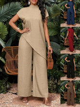 S-2XL Casual Solid Color Asymmetric Top Pants Set