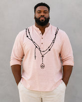 Big & Tall Men's Rosary Necklace Cross Printed Collar Long Sleeve Shirt