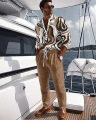 S-3XL Vintage Fluid Swirl Print Henley Shirt Drawstring Pants Two-Piece Set