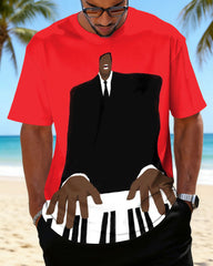 Big & Tall Men's Black Man Playing The Piano Print Crewneck Short Sleeve T-Shirt
