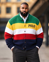 Big & Tall Men's Color-block Stripes with Letter Print Knit Cardigan