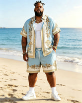 Big & Tall Men's Light Blue Vintage Baroque Print Short Sleeve Shirt Shorts Set