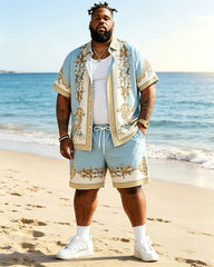 Big & Tall Men's Light Blue Vintage Baroque Print Short Sleeve Shirt Shorts Set