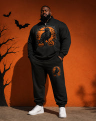 Big & Tall Men's Halloween Crow Pumpkin Print Half Zip Sweat Set
