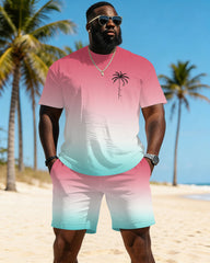 Big & Tall Men's Pink Gradient Hawaii Print Crewneck Short Sleeve T-Shirt Shorts Set