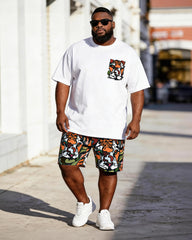 Big & Tall Men’s Cartoon Tiger Head Printed Crew Neck Short-Sleeve T-Shirt And Shorts Set