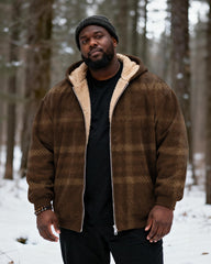 Big & Tall Men's Retro Brown Plaid Printed Velvet Thickened Zipper Hoodie