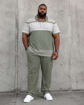 Big & Tall Men's Light Green Patchwork Texture Printed Polo Short Sleeve Pants Set