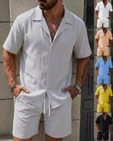 S-3XL Men's Solid Color Casual Short Sleeve Shirt Shorts Set-Beach Two-Piece Set