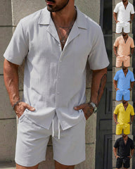 S-3XL Men's Solid Color Casual Short Sleeve Shirt Shorts Set-Beach Two-Piece Set