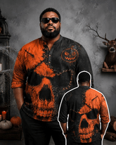 Big & Tall Men's Orange Black Tear Skull Pumpkin Printed Collar Long Sleeve Shirt