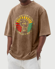 S-5XL Juneteenth Freedom Day 1865 Fist And Chains Printed Washed-Denim Look T-Shirt