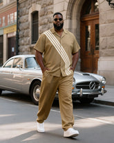 Big & Tall Men's Retro Sports Striped Printed Short Sleeve Shirt Pants Set